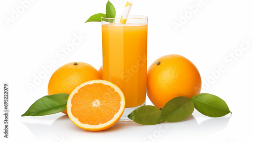 Fresh orange juice and orange fruit sliced with leaves isolated on white background with clipping path. Made with generative ai