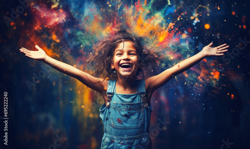 fröhlich lachendes Kind mit bunter Farbe photo