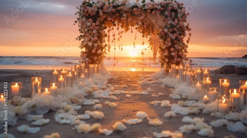 Decorative wedding ceremony at the beach with beautiful sunset view. photo
