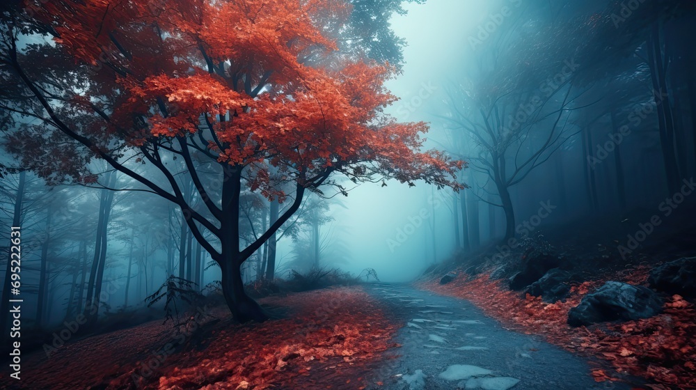 Beautiful Mystical Forest in blue fog in autumn