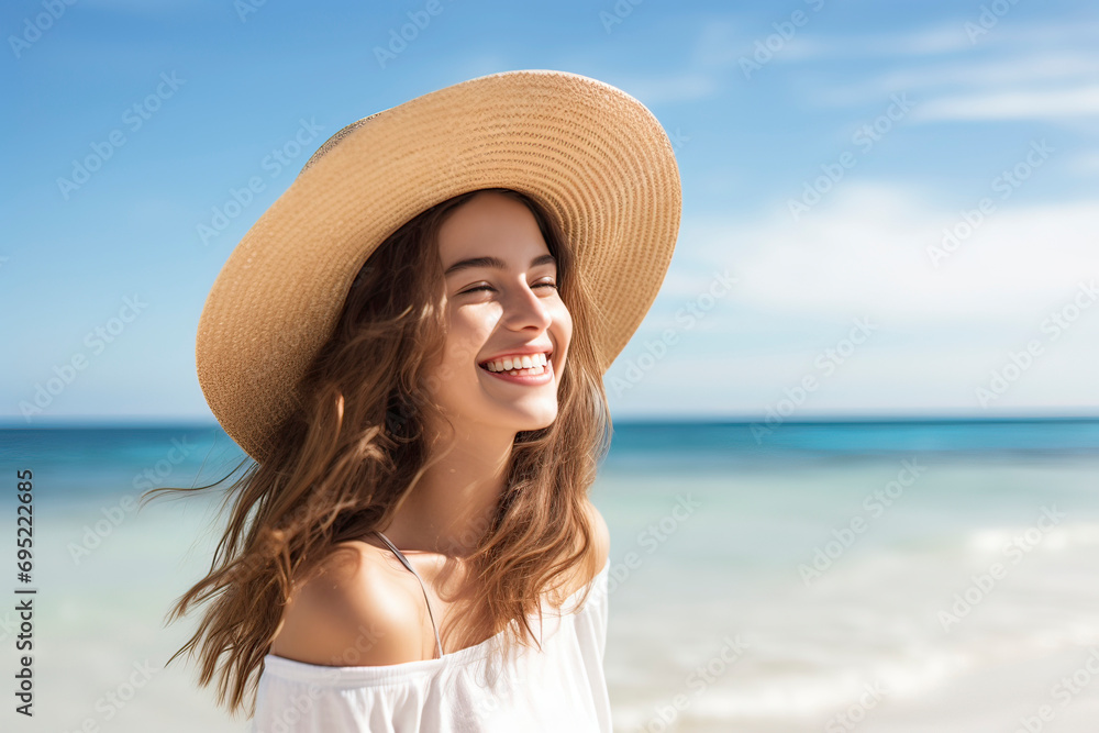 Image generated with AI. Cheerful teenage woman with straw hat on Caribbean beach