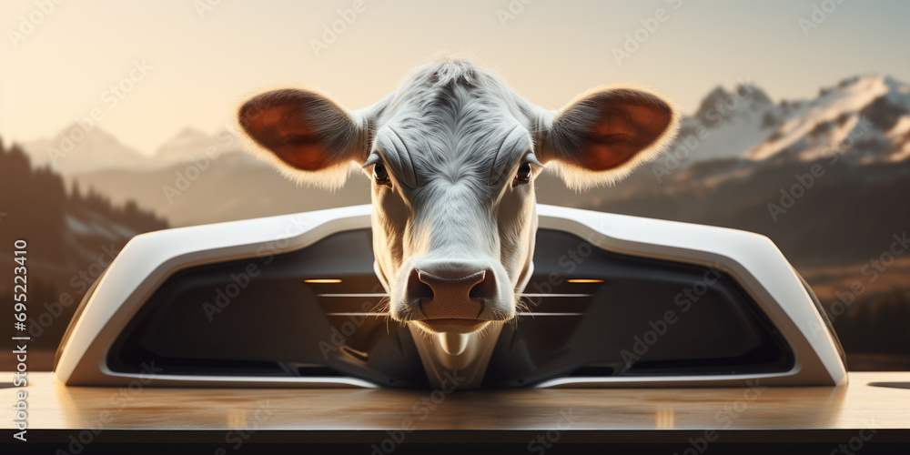 Naklejka premium Futuristic, smart farming concept. Cow with futuristic interface.