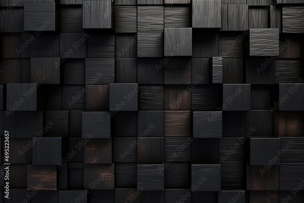 Abstract block stack wooden 3d cubes, black wood texture for backdrop - obrazy, fototapety, plakaty 