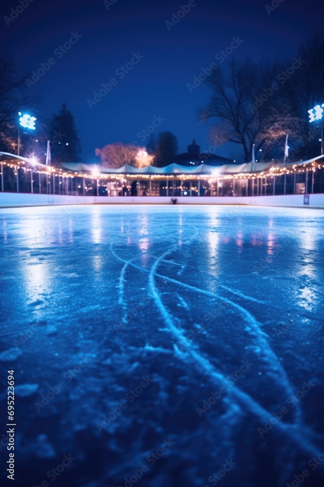 An ice rink illuminated by lights at night, creating a mesmerizing reflection on the ice. Perfect for winter-themed designs and holiday promotions