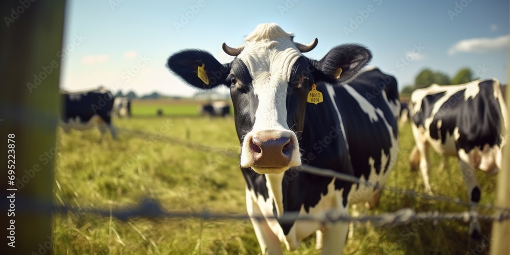 A close-up view of a cow standing behind a fence. Perfect for agricultural or farm-related projects