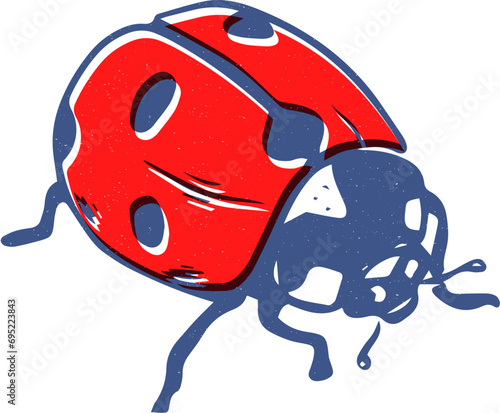 Vector risograph print style red ladybug illustration side view isolated on white background