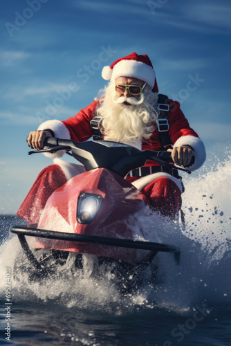 Santa Claus having fun riding a jet ski. Perfect for holiday and summer-themed designs