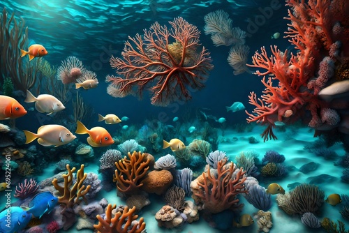 A 3D background of an underwater seascape, with coral textures and a variety of marine life