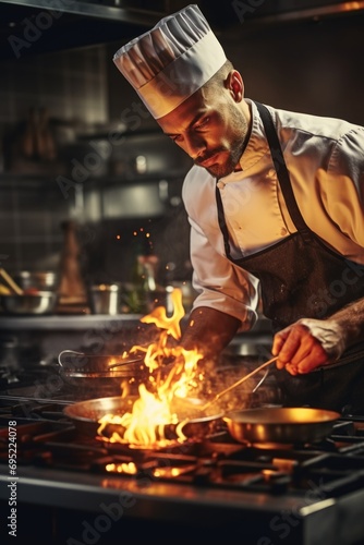 A chef is shown cooking food on a grill in a kitchen.