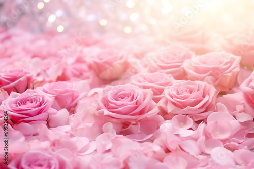 Abstract background, blur pink roses and rose petals.