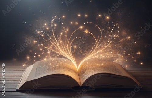 Open book with abstract light shining in the dark concept of literature and fairy tales from AI Generated
