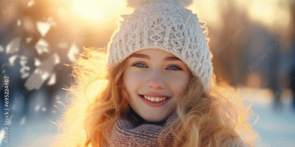 A woman is pictured wearing a hat and scarf in the snow. This image can be used for winter fashion or outdoor winter activities A woman is pictured wearing a hat and scarf in the snow. This image can be used for winter fashion or outdoor winter activities