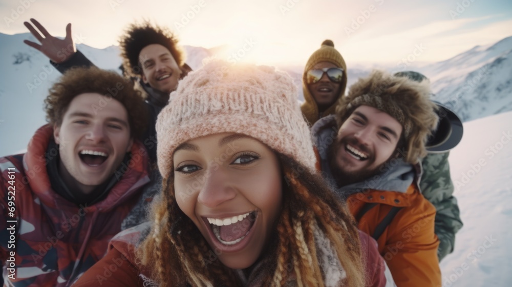 A group of people captured in a selfie, enjoying the snowy surroundings. Suitable for social media and winter-themed content
