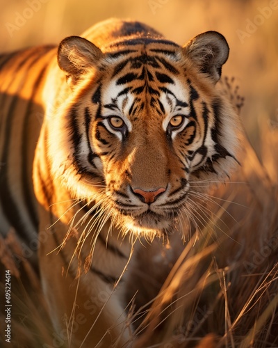 Wildlife photography, great tiger, front view, golden hour © Denis