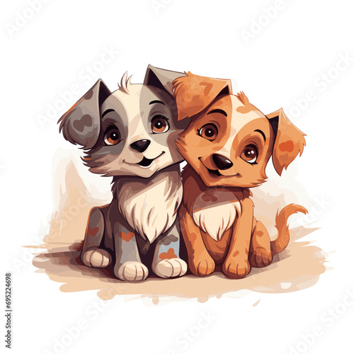 Two cartoon vector dogs cuddling on a white background