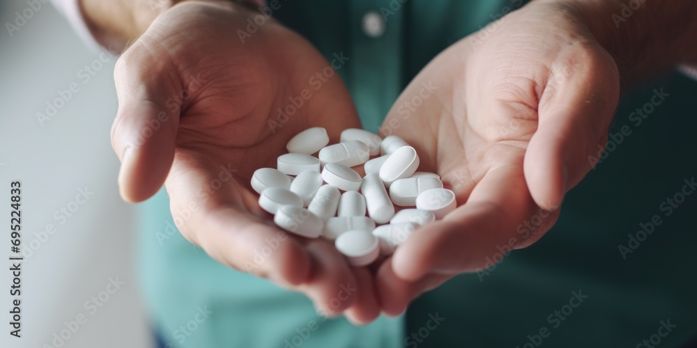 A person holding a handful of pills. This image can be used to illustrate medication, healthcare, or addiction topics - obrazy, fototapety, plakaty 