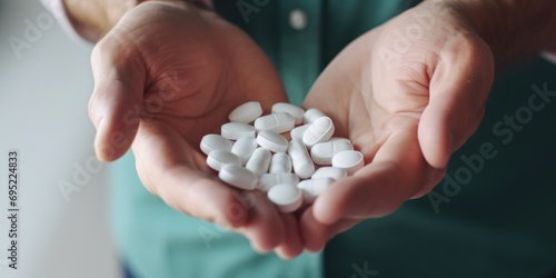 A person holding a handful of pills. This image can be used to illustrate medication, healthcare, or addiction topics photo