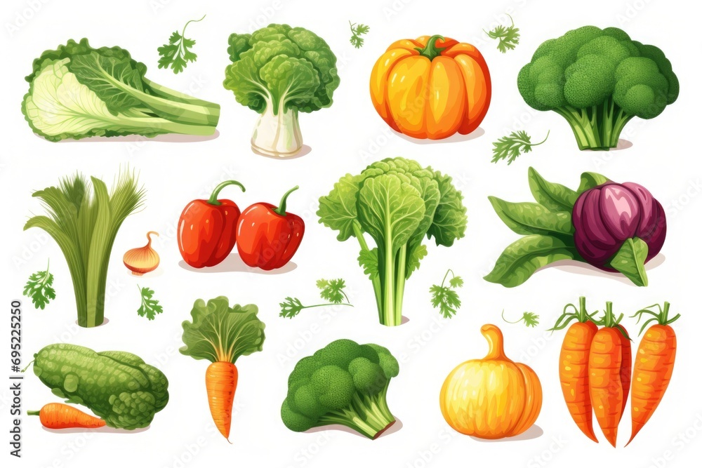 A collection of various vegetables and fruits displayed on a clean white background. Ideal for healthy eating concepts and food-related designs A collection of various vegetables and fruits displayed on a clean white background. Ideal for healthy eating concepts and food-related designs