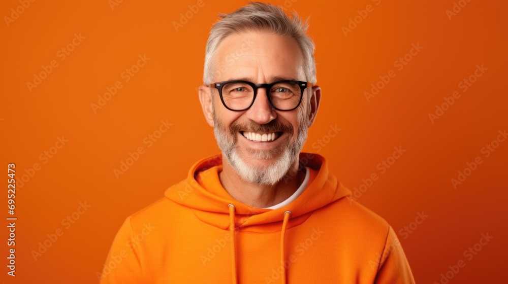 Obraz premium A man wearing an orange hoodie smiles directly at the camera. This image can be used to portray happiness, friendliness, or casual fashion