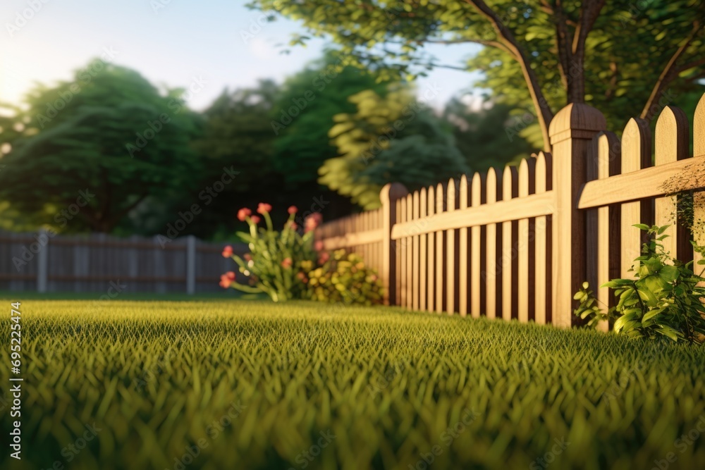 A picture of a wooden fence standing in the middle of a beautifully lush green yard. This image can be used to depict a peaceful and serene outdoor setting