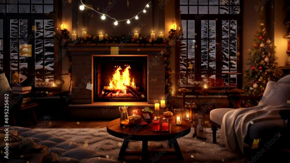 fireplace with christmas tree, loop video background animation, cartoon anime style, for vtuber / streamer backdrop fireplace with christmas tree, loop video background animation, cartoon anime style, for vtuber / streamer backdrop