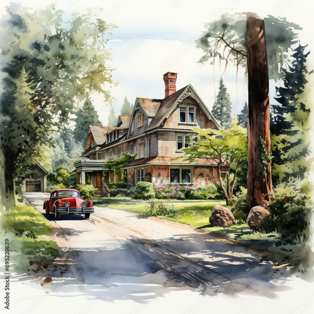 Watercolor painting of an old American house in the park with the car. 