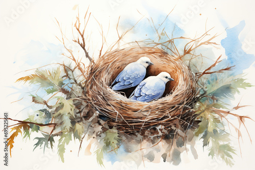Two pigeons in the nest on a white background. Watercolor painting. 