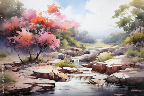 Watercolor painting of a beautiful landscape with mountains, rivers, and sky. 
