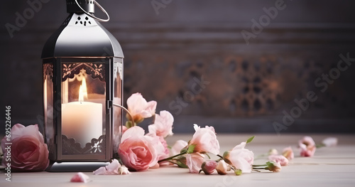 Vintage silver Moroccan, Arabic lantern with glowing candle, green branches, rose flowers and pink petals on white table background. Greeting card for Muslim holiday Ramadan Kareem. Shaby wall. photo