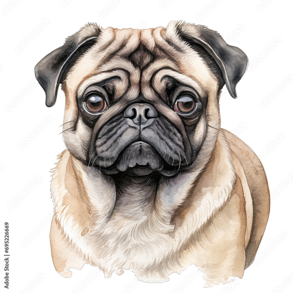 Pug portrait watercolor clipart on transparent background