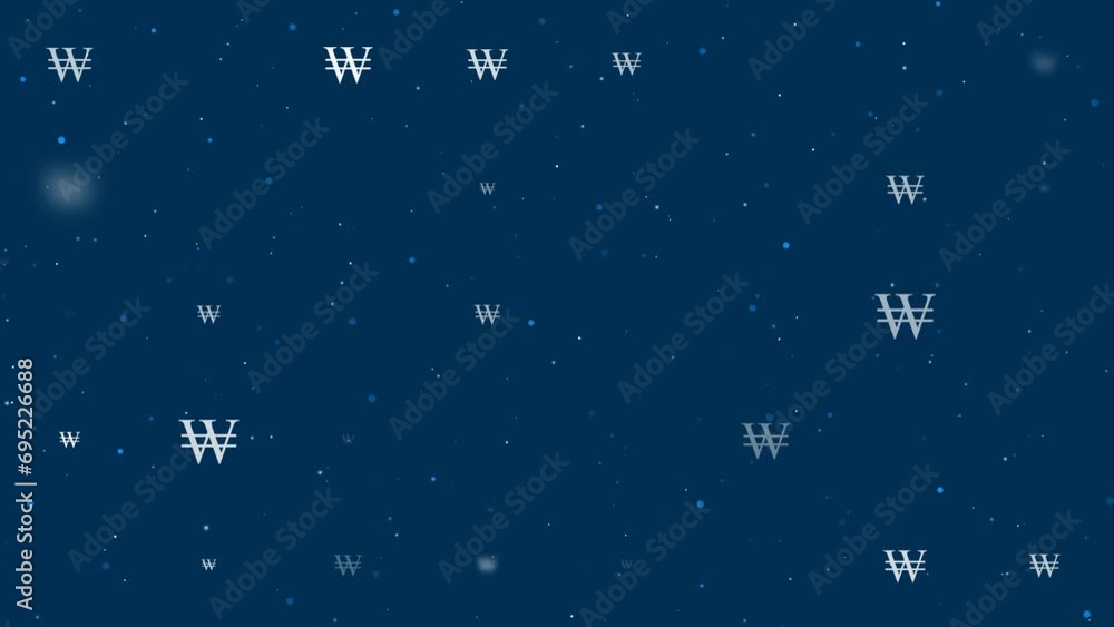 Template animation of evenly spaced Korean won signs of different sizes and opacity. Animation of transparency and size. Seamless looped 4k animation on dark blue background with stars Template animation of evenly spaced Korean won signs of different sizes and opacity. Animation of transparency and size. Seamless looped 4k animation on dark blue background with stars