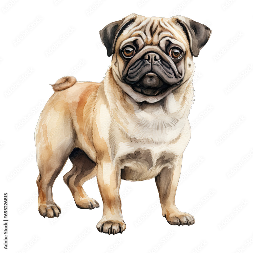 A pug standing watercolor clipart on transparent background