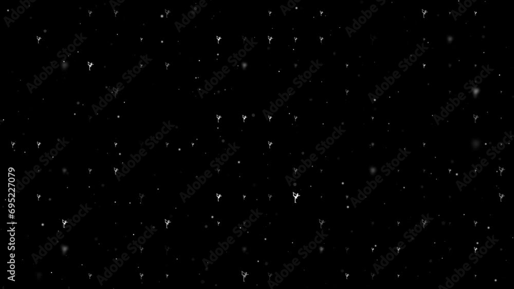 Template animation of evenly spaced female figure skating symbols of different sizes and opacity. Animation of transparency and size. Seamless looped 4k animation on black background with stars Template animation of evenly spaced female figure skating symbols of different sizes and opacity. Animation of transparency and size. Seamless looped 4k animation on black background with stars
