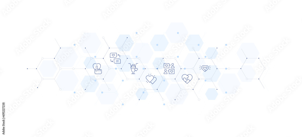 Valentine's Day banner vector illustration. Style of icon between. Containing love message, love, puzzle, heart, neon, milkshake.