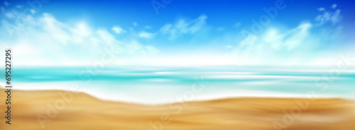 Realistic sand beach with blue water and wave foam of sea or ocean and sky with clouds. Vector illustration of summer landscape with empty seashore with sandy texture. Panoramic sunny day scene.