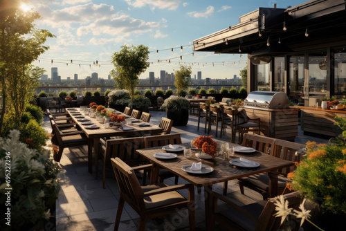 A hotel rooftop restaurant with an open kitchen, modern design, and cityscape views