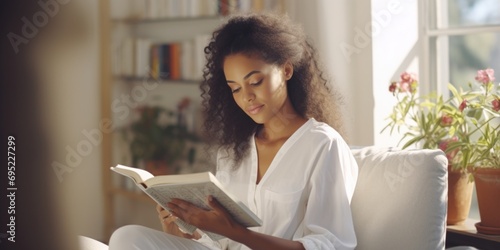 A woman sitting on a couch reading a book. Suitable for lifestyle, leisure, and education themes