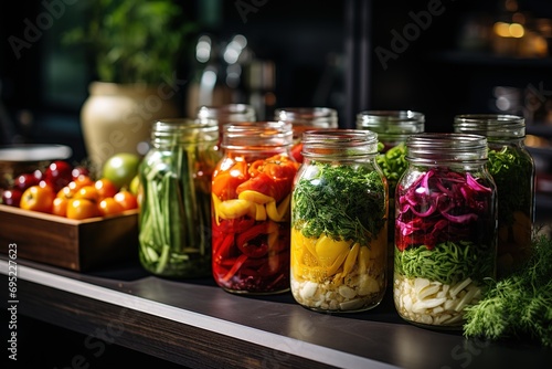various pickled vegetables in jars with spices