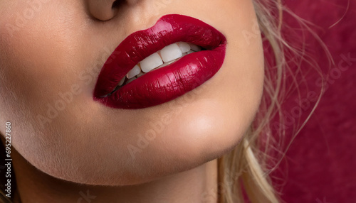 Bold and Beautiful  A Close-Up of Glamorous Red Lip Makeup on a Young Woman