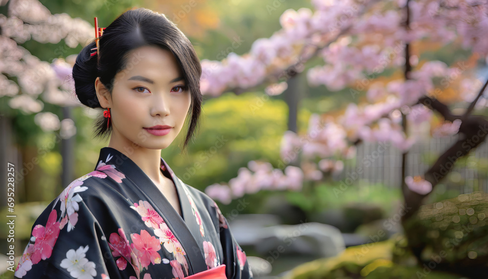 Beautiful Geisha in Traditional Kimono and Sakura Blossoms - Portrait of a Young Japanese Woman