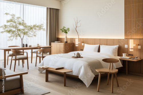 A hotel room with a minimalist Japanese aesthetic, clean lines, and tranquil decor