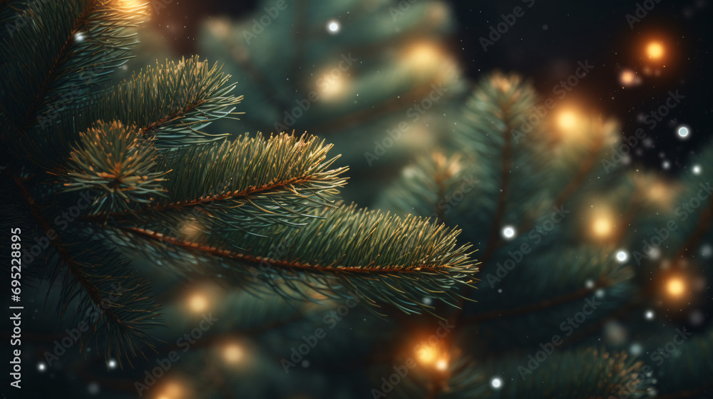 Close up of pine tree with sparkling lights in background
