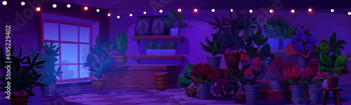 Night flower shop interior design. Vector cartoon illustration of dark room with colorful bouquets in buckets, tulip and rose bunch in vase, green plant in pot on wooden shelf, garland lights decor
