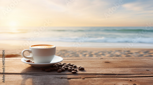 Coffee in white cup on wooden table on beach blurred