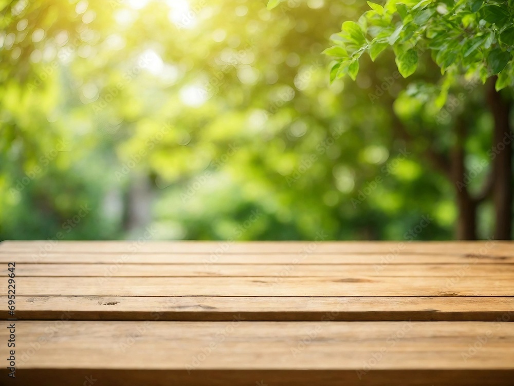 Wooden part of table against blurred background of soft sunlight in summer garden. GenerativeAI. Wooden part of table against blurred background of soft sunlight in summer garden. GenerativeAI.