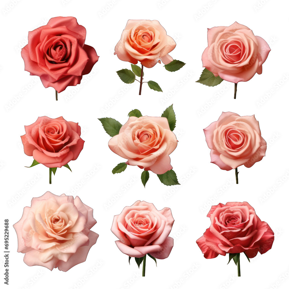 Set of Rose Flowers Isolated on Transparent or White Background, PNG