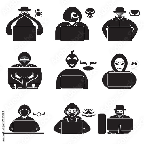 hacker black flat icon set,Computer hacker icon