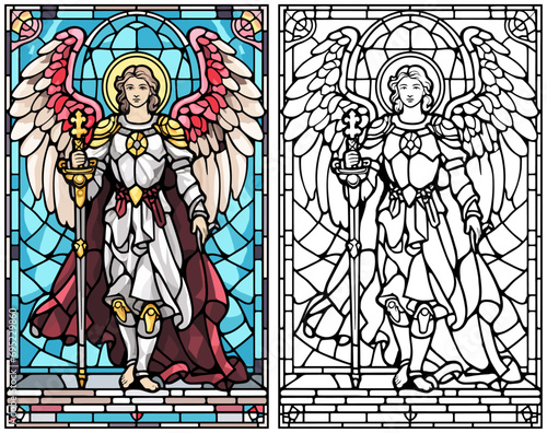 Saint Michael in the Style of Stained Glass with Presents Coloring Page and Cover Design Vector on a White Background