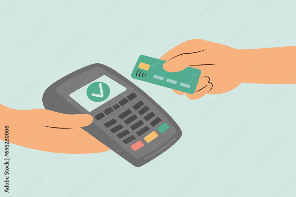 ..Hand holds POS-terminal and another hand pays by card. Contactless payment, wireless and mobile transaction with NFC technology. Cartoon Flat Vector Illustration... ..Hand holds POS-terminal and another hand pays by card. Contactless payment, wireless and mobile transaction with NFC technology. Cartoon Flat Vector Illustration...
