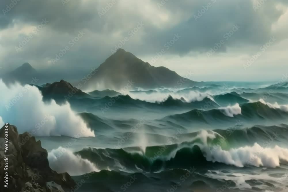 Seascape new zealand beach waves Generative AI. Virtual video scene animated background